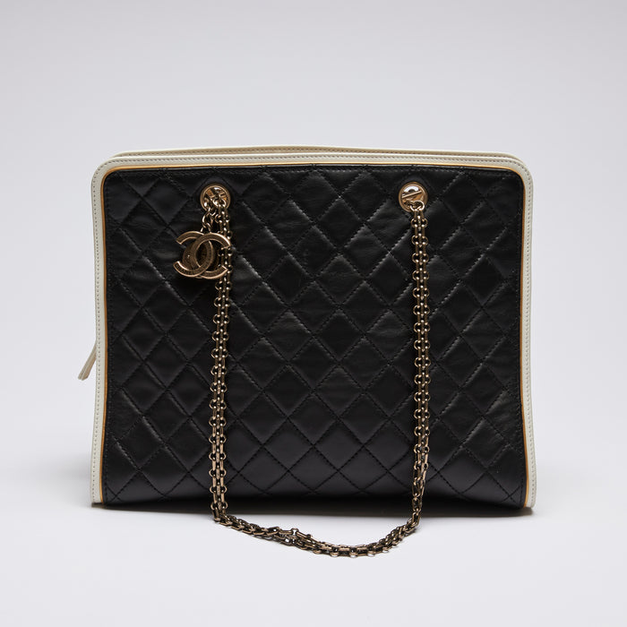 Pre-Loved Black and White Quilted Soft Leather Tote Bag.(Front)