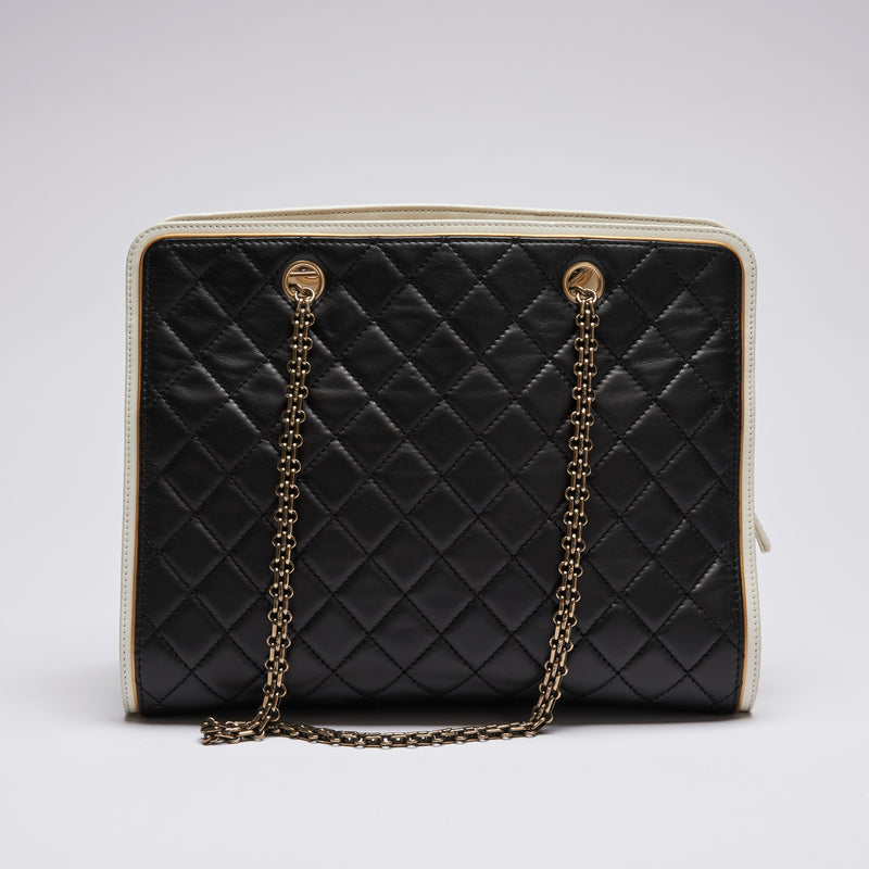 Pre-Loved Black and White Quilted Soft Leather Tote Bag.(back)