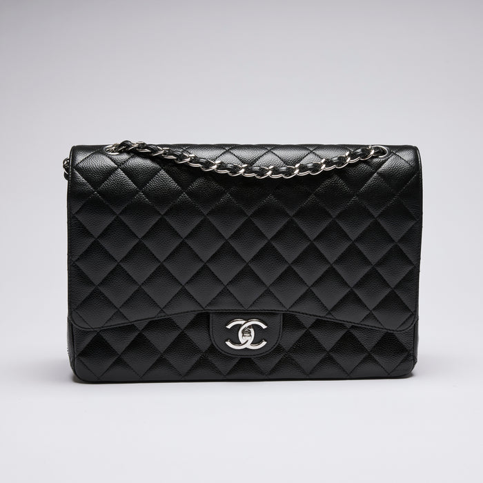 Excellent Pre-Loved Quilted Black Pebbled Leather Oversized Double Flap Chain Bag.(front)