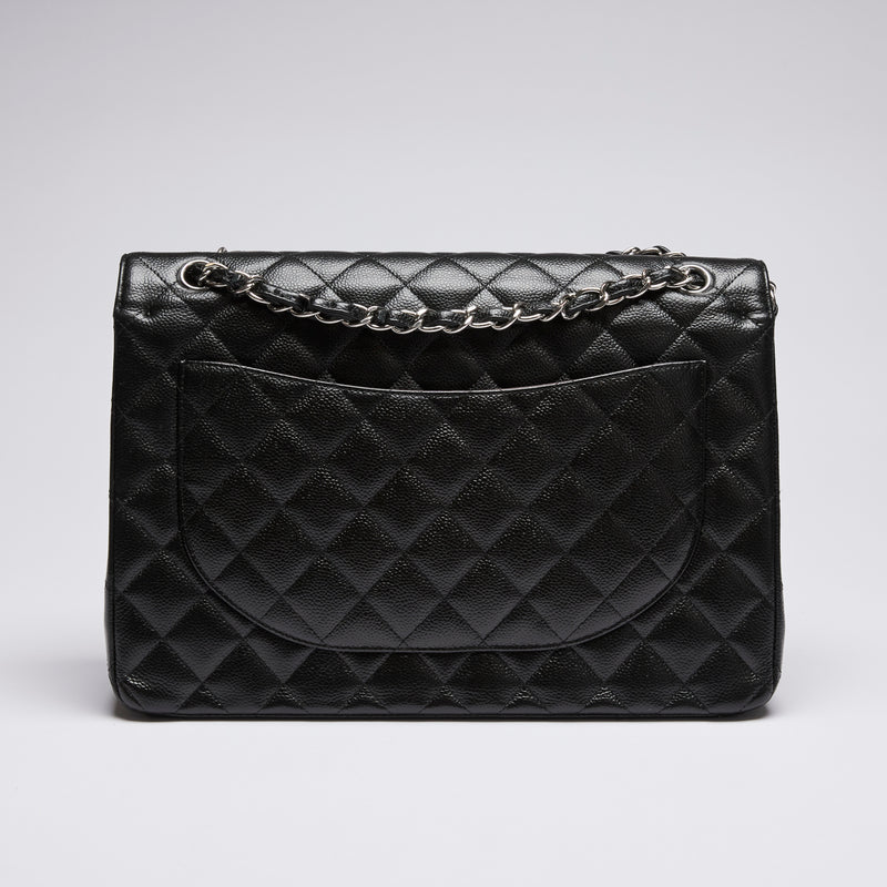 Excellent Pre-Loved Quilted Black Pebbled Leather Oversized Double Flap Chain Bag.(back)