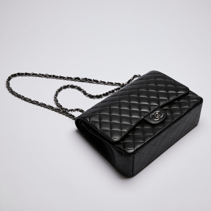 Excellent Pre-Loved Quilted Black Pebbled Leather Oversized Double Flap Chain Bag.(flat lay)