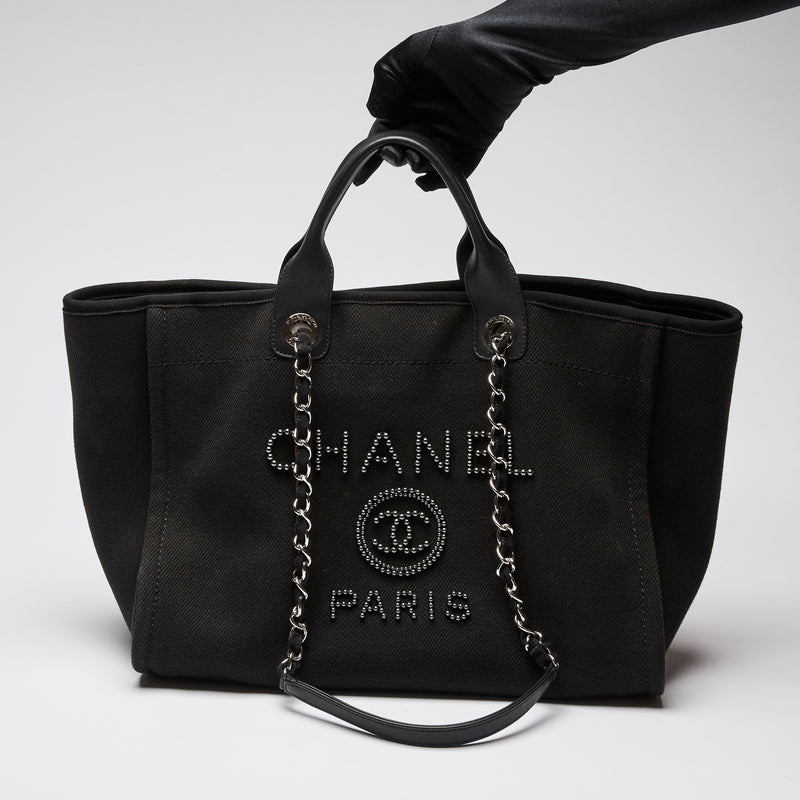 Chanel Black Canvas Cotton Blend Pearl Large Deuville Tote (front)