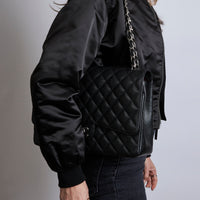 Excellent Pre-Loved Quilted Black Pebbled Leather Oversized Double Flap Chain Bag.(on body)