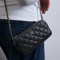 Excellent Pre-Loved Black Metallic Pebbled Leather Double Zip Chain Pouch.(on body)
