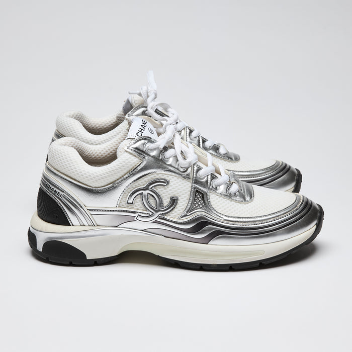 Pre-Loved Chanel™ Chanel 2023 Cruise Silver Sneakers - Fabric and Laminated Calfskin Leather Size 41