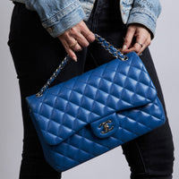 Pre-Loved Bright Blue Lambskin Large Double Flap Bag with Silver Hardware (on body)