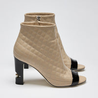 Pre-Loved Chanel™  Calfskin Quilted Patent Leather Open Toe Boots with Pearl Detail on Heel Size 39