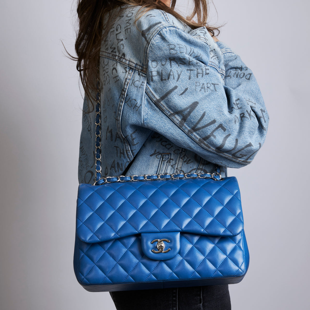 Pre-Loved Bright Blue Lambskin Large Double Flap Bag with Silver Hardware (on body)