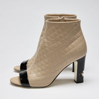 Pre-Loved Chanel™  Calfskin Quilted Patent Leather Open Toe Boots with Pearl Detail on Heel Size 39