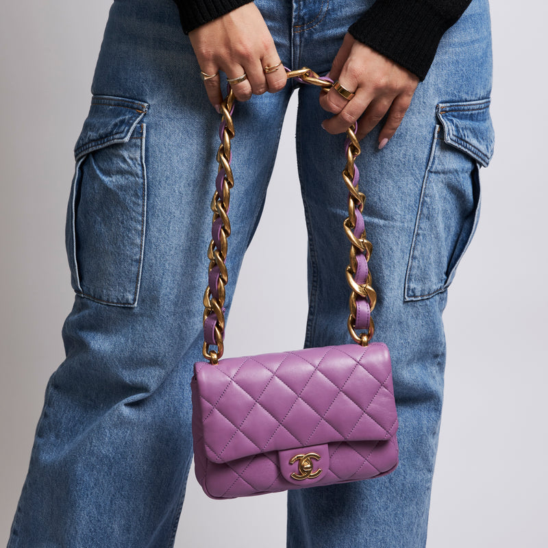 Excellent Pre-Loved Purple Lambskin Leather Flap Bag with Tonal Leather Interlaced Chunky Chain.  (on body)