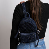 Excellent Pre-Loved Blue Sequin Tweed and Quilted Satin Panel Back Pack (on body)