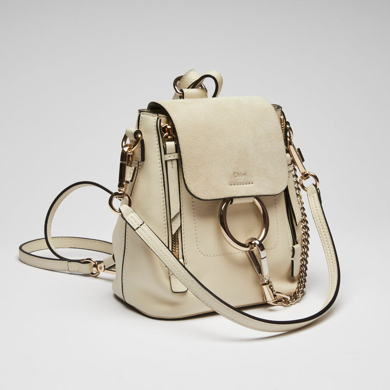 Excellent Pre-Loved White Suede and Leather Mini Backpack with Light Gold Hardware.(front)