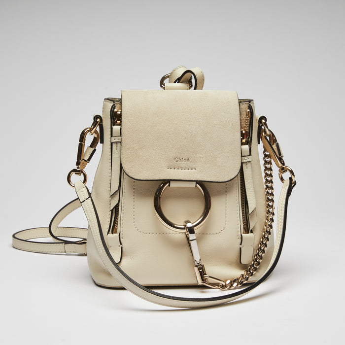 Excellent Pre-Loved White Suede and Leather Mini Backpack with Light Gold Hardware. (front)