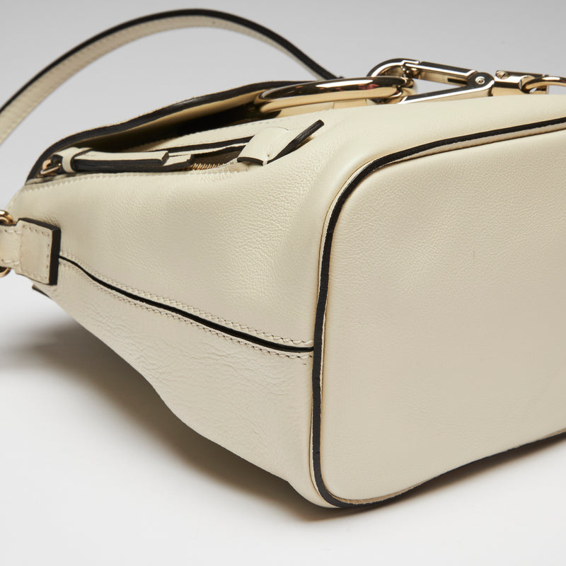 Excellent Pre-Loved White Suede and Leather Mini Backpack with Light Gold Hardware.(corner)