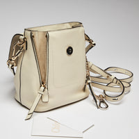 Excellent Pre-Loved White Suede and Leather Mini Backpack with Light Gold Hardware.(opened)