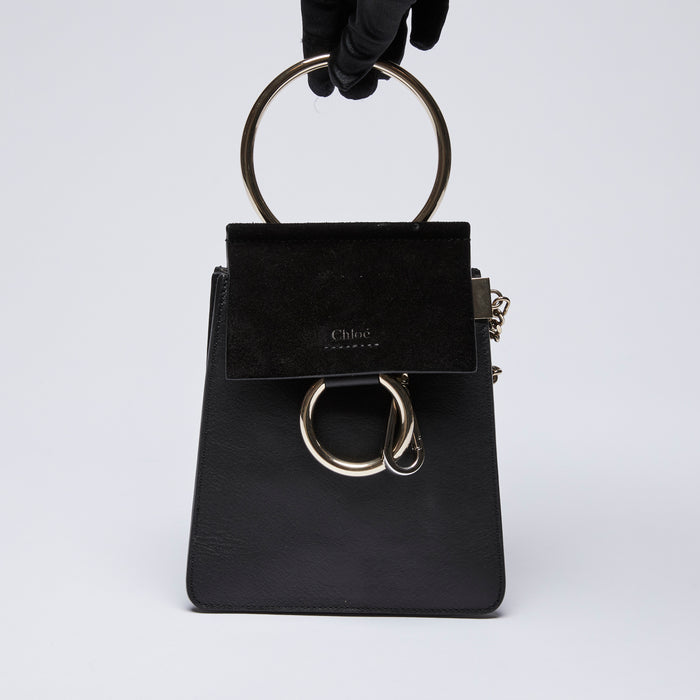 Pre-Loved Black Leather and Suede Mini Crossbody Bag with Removable Shoulder Strap. (Front)