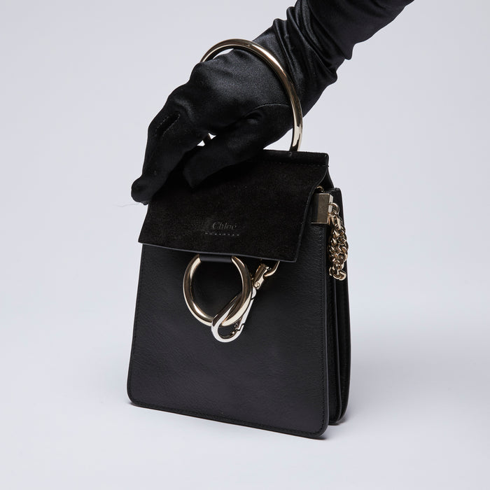 Pre-Loved Black Leather and Suede Mini Crossbody Bag with Removable Shoulder Strap. (front)