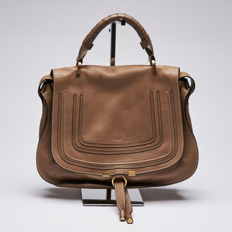 Pre-Loved Dark Tan Grained Leather Flap Over Shoulder Bag. (front)