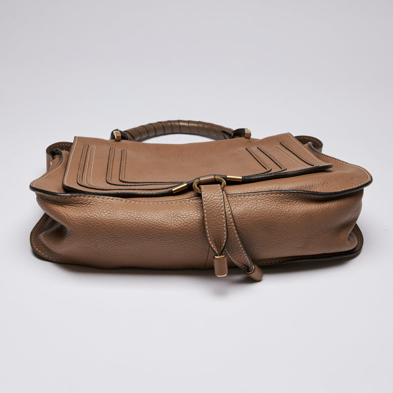 Pre-Loved Dark Tan Grained Leather Flap Over Shoulder Bag. (bottom)