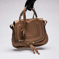 Pre-Loved Dark Tan Grained Leather Flap Over Shoulder Bag.  (upright)