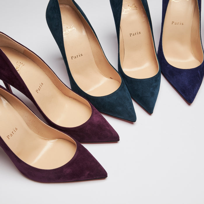 Excellent Pre-Loved Velvet Heels in Various Colors. (close up of plum and forest green color)