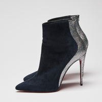 Pre-Loved Dark Navy Suede and Silver Metallic Leather Point Toe Ankle Boots. (side)
