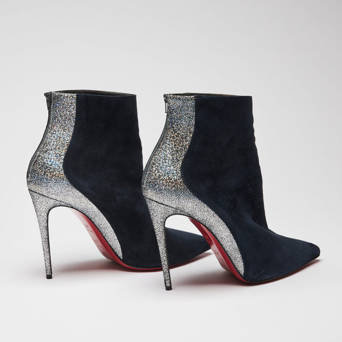 Pre-Loved Dark Navy Suede and Silver Metallic Leather Point Toe Ankle Boots.(back)