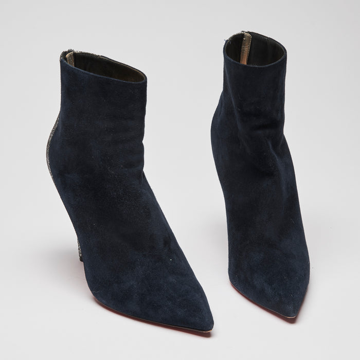 Pre-Loved Dark Navy Suede and Silver Metallic Leather Point Toe Ankle Boots. (front)