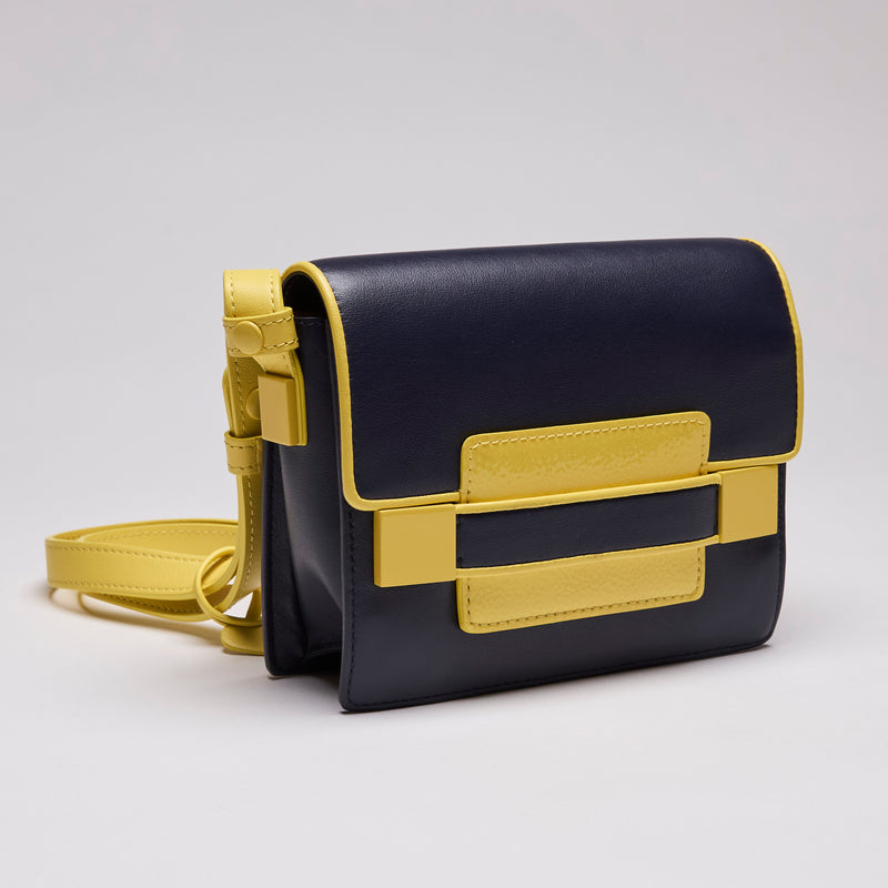 Delvaux Madame Mini Shoulder Bag in Navy & Yellow (Front)