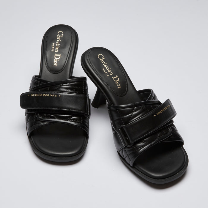 Excellent Pre-Loved Black Leather Velcro Strap Heeled Sandals. (front)