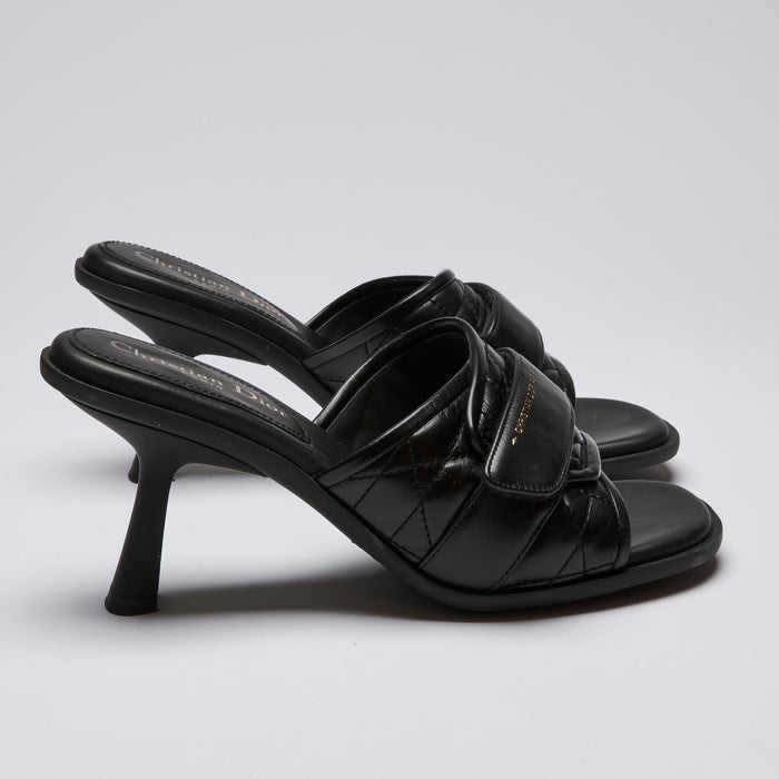 Excellent Pre-Loved Black Leather Velcro Strap Heeled Sandals. (side)