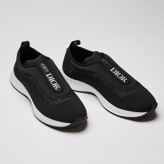 Excellent Pre-Loved Black Mesh and Neoprene Slip On Sneakers with Front Zip. (Front)