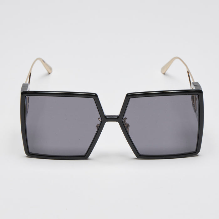 Excellent Pre-Loved Oversized Black Square Frame Sunglasses with Gold Details. (Front)