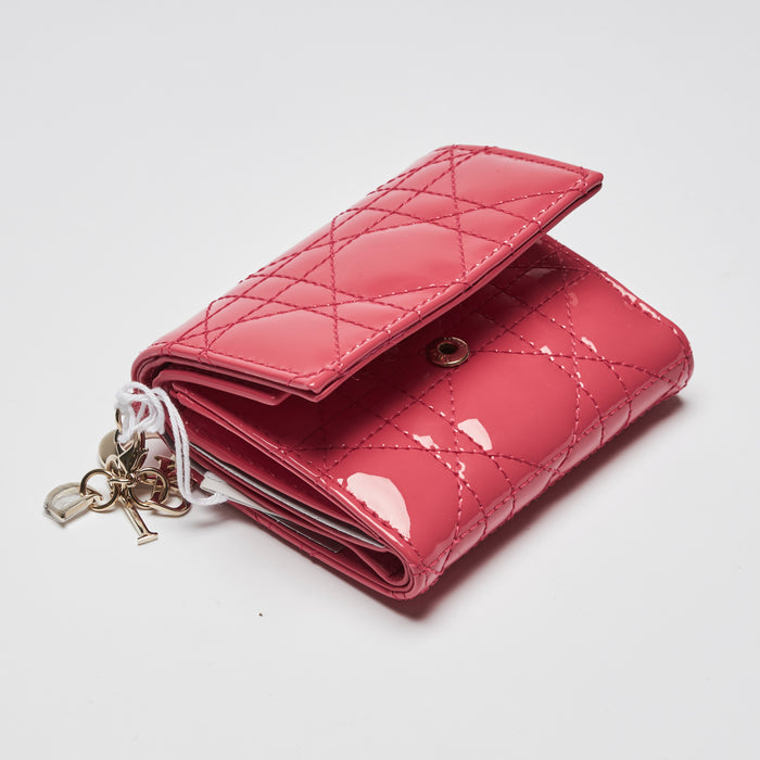 Excellent Pre-Loved Pink and Blue Patent Leather Cannage Motif Trifold Compact Wallets. (pink front)