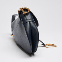 Pre-Loved Navy Blue Textured Leather Oblique Shape Shoulder Bag. (side)