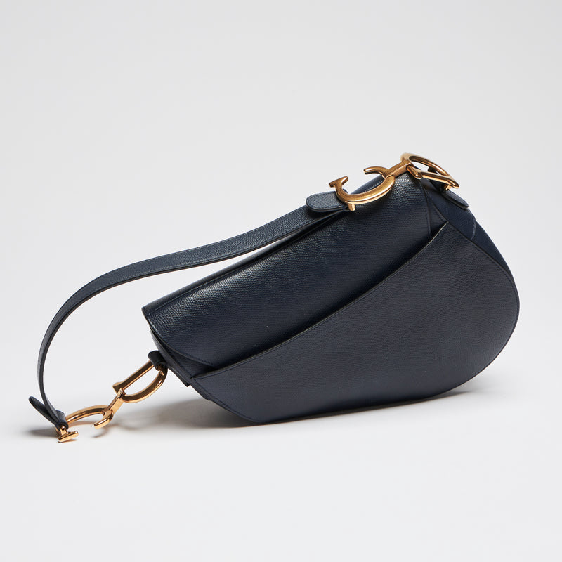 Pre-Loved Navy Blue Textured Leather Oblique Shape Shoulder Bag. (back)