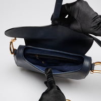 Pre-Loved Navy Blue Textured Leather Oblique Shape Shoulder Bag. (interior)