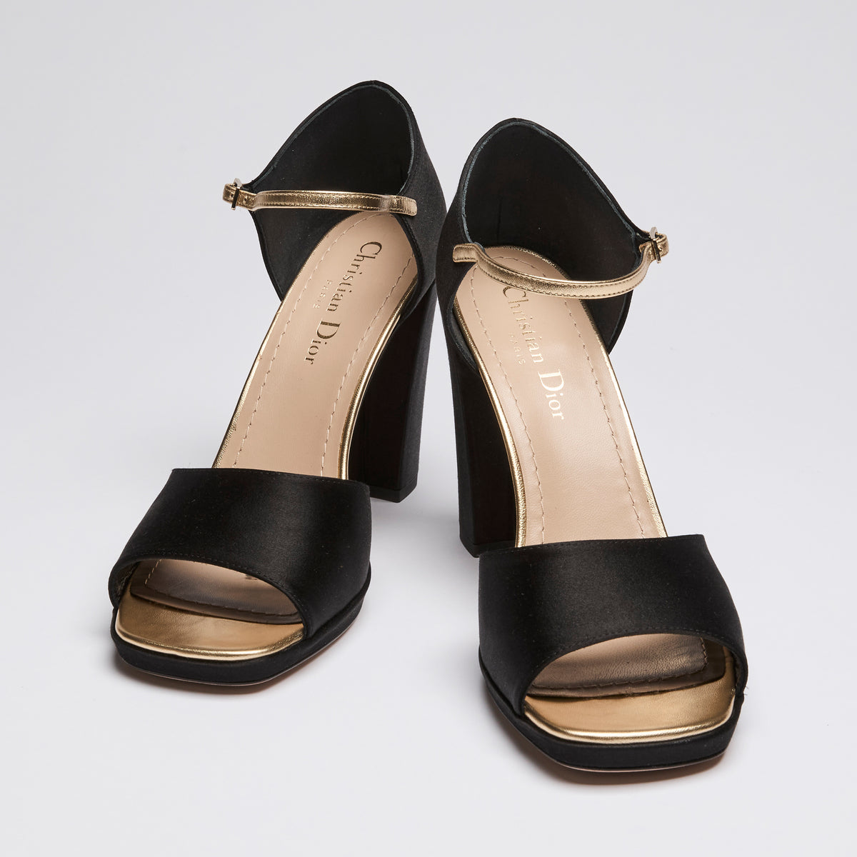 Dior Black Satin Block Heels with Gold Ankle Strap Size 39