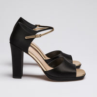 Dior Black Satin Block Heels with Gold Ankle Strap Size 39