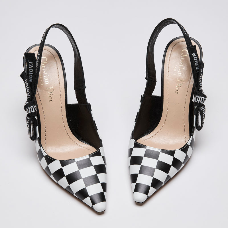 Christian Dior Black White Checker Print J'Adior Slingback Pointed Toe Pumps Size 36