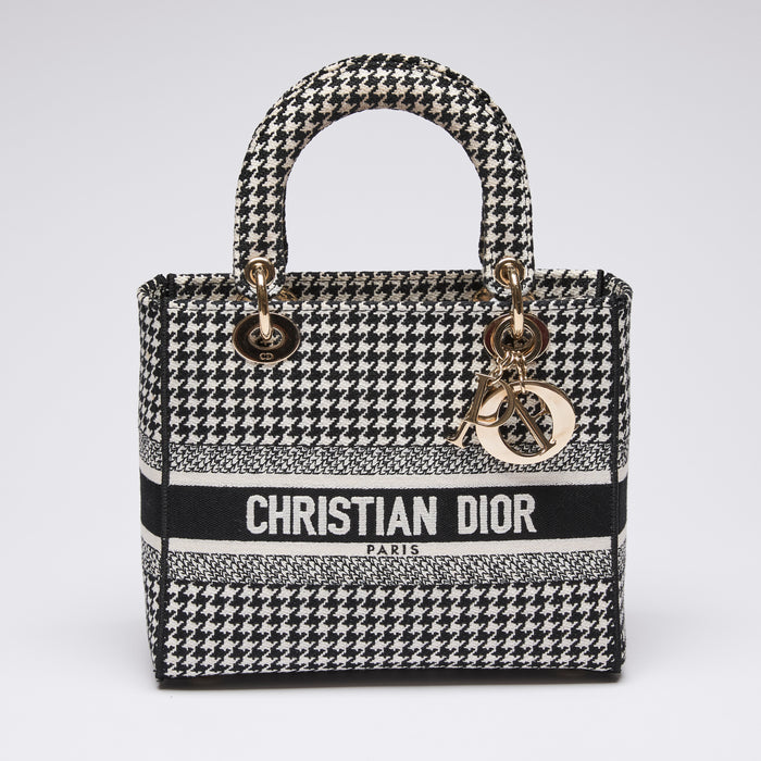 Dior Lady D-Lite Black and White Houndstooth Embroidered Bag (front)