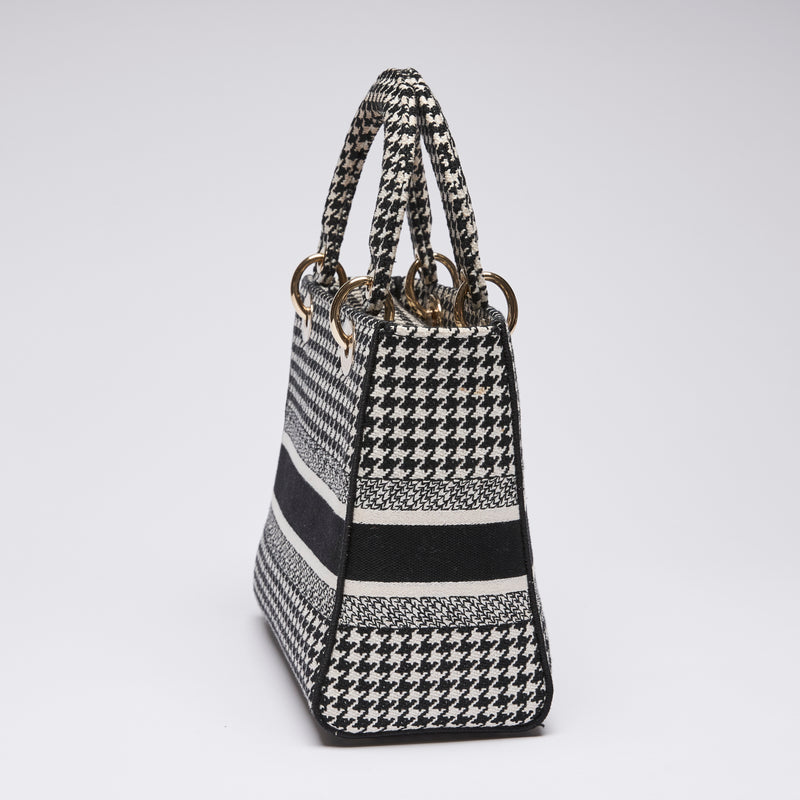 Dior Lady D-Lite Black and White Houndstooth Embroidered Bag (side)