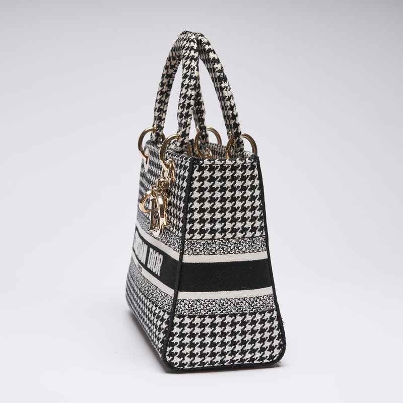 Dior Lady D-Lite Black and White Houndstooth Embroidered Bag (side)