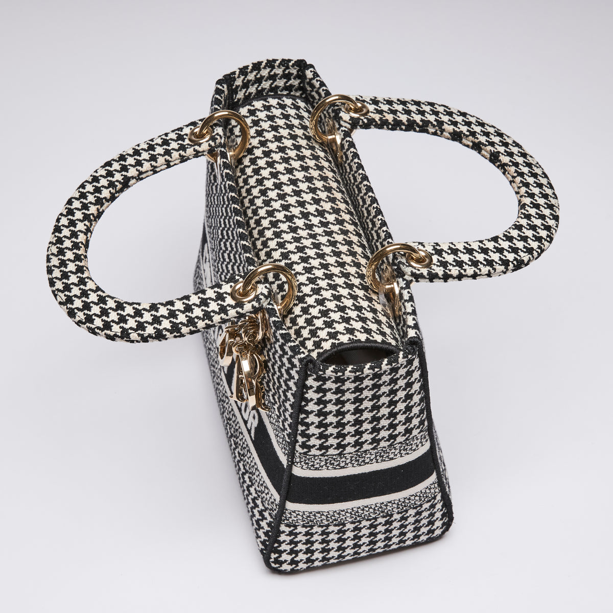 Dior Lady D-Lite Black and White Houndstooth Embroidered Bag (top)