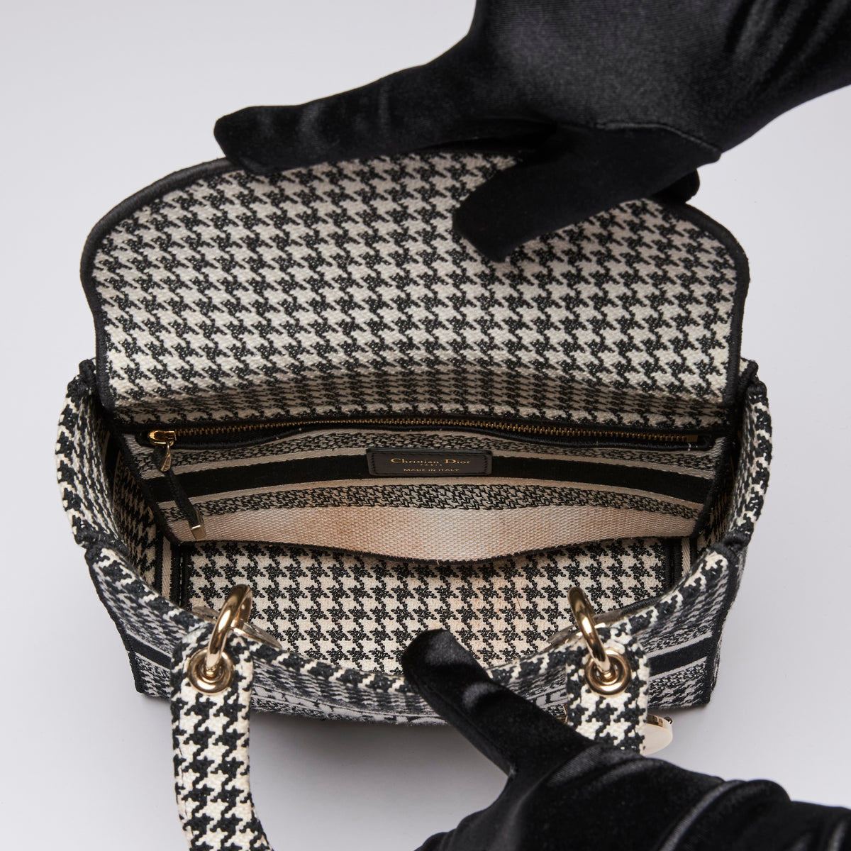 Dior Lady D-Lite Black and White Houndstooth Embroidered Bag (interior)