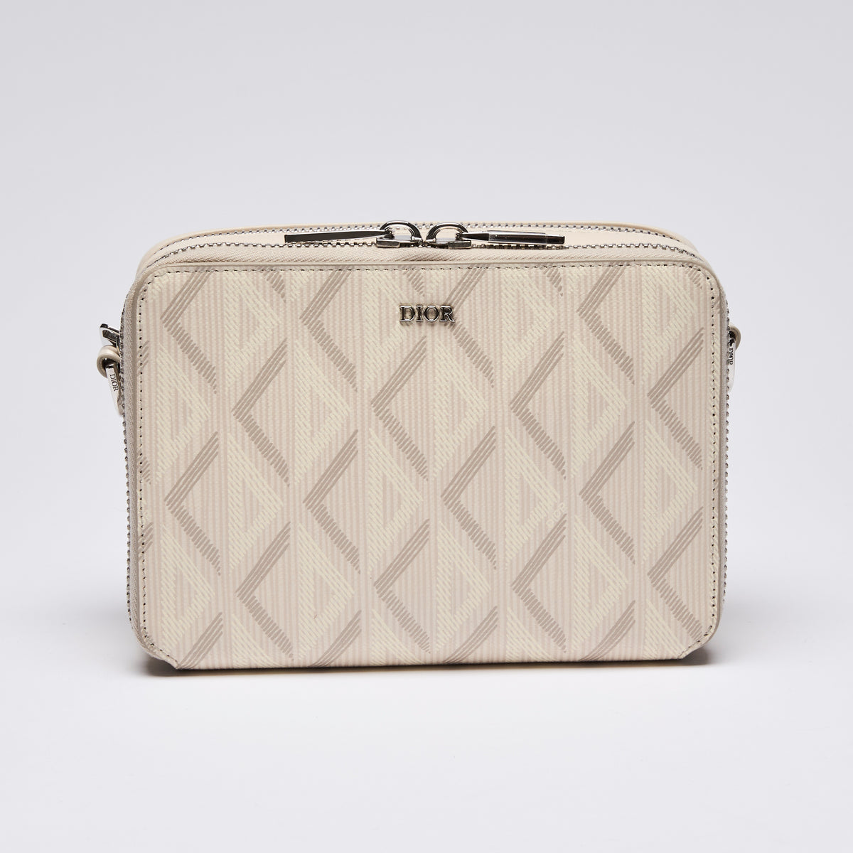 Dior Ivory CD Diamond Canvas Double Zip Pouch with Strap(front)