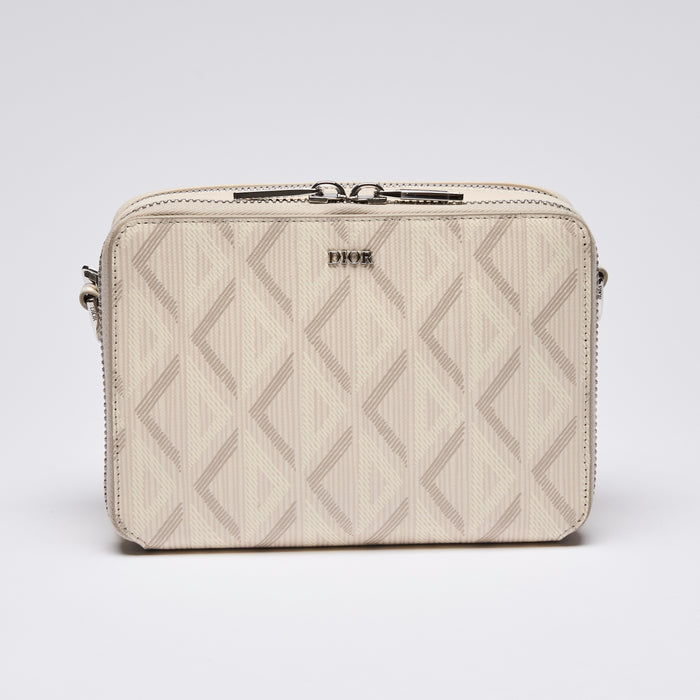 Dior Ivory CD Diamond Canvas Double Zip Pouch with Strap(front)