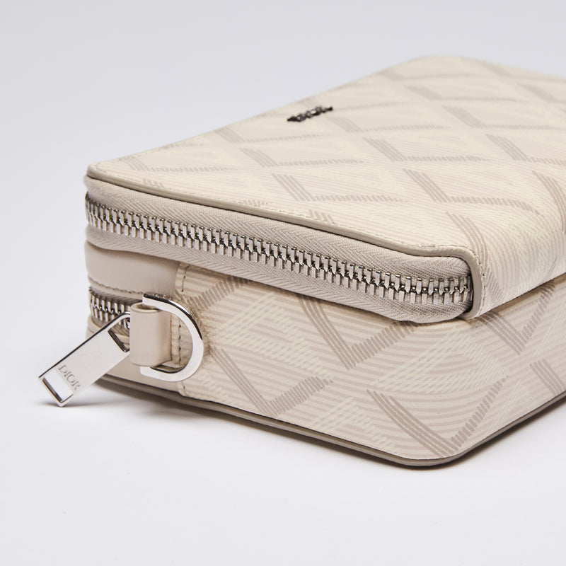 Dior Ivory CD Diamond Canvas Double Zip Pouch with Strap(side)