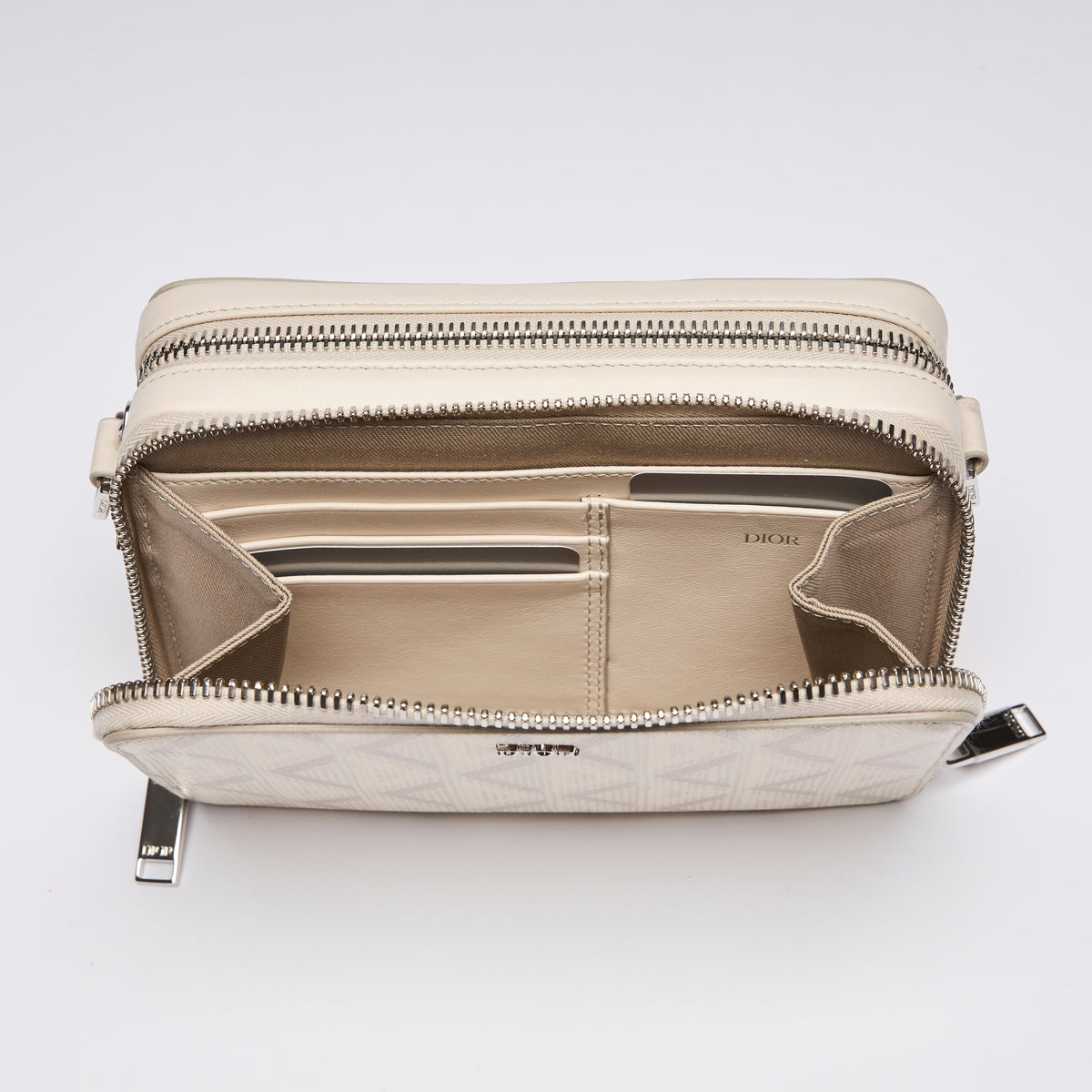 Dior Ivory CD Diamond Canvas Double Zip Pouch with Strap(interior)