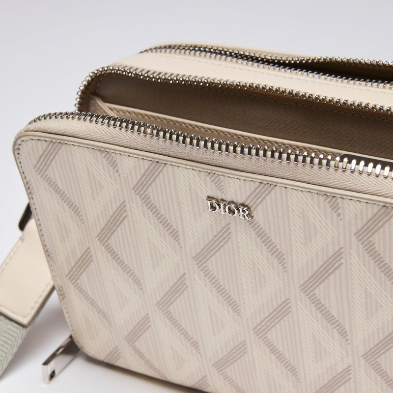 Dior Ivory CD Diamond Canvas Double Zip Pouch with Strap(edge close up)